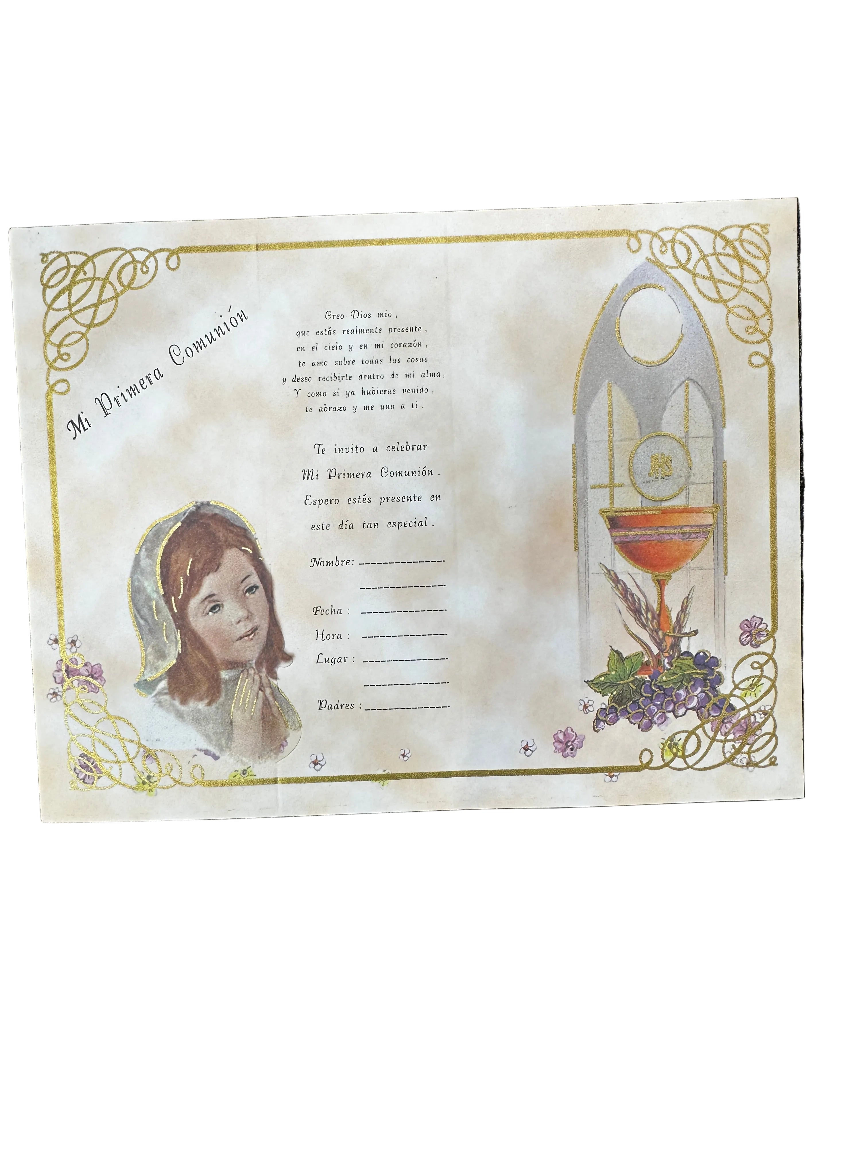 foldable first communion  catholic invitations in spanish girls (12ct) | Invitaciones plegables catolica de Mi primera comunioń en español | niña Docena
