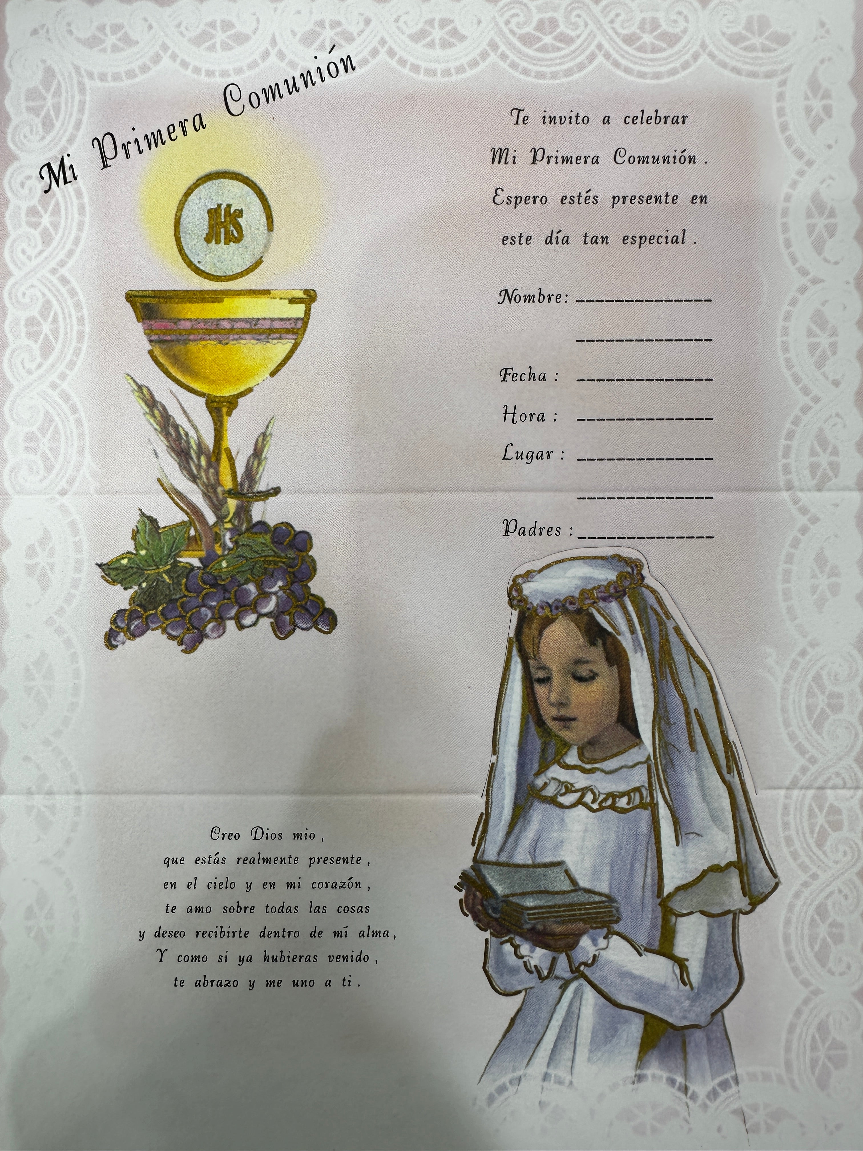 foldable first communion  catholic invitations in spanish girls (12ct) | Invitaciones plegables catolica de Mi primera comunioń en español | niña Docena (Copy)