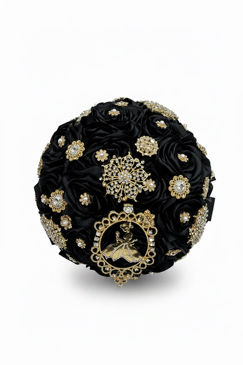 Black bouquet with gold and silver decorations 