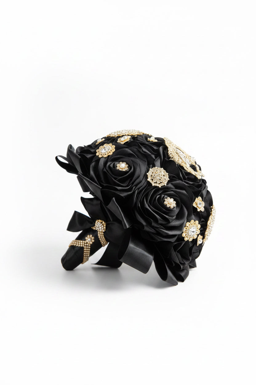 Black flower bouquet with gold accents