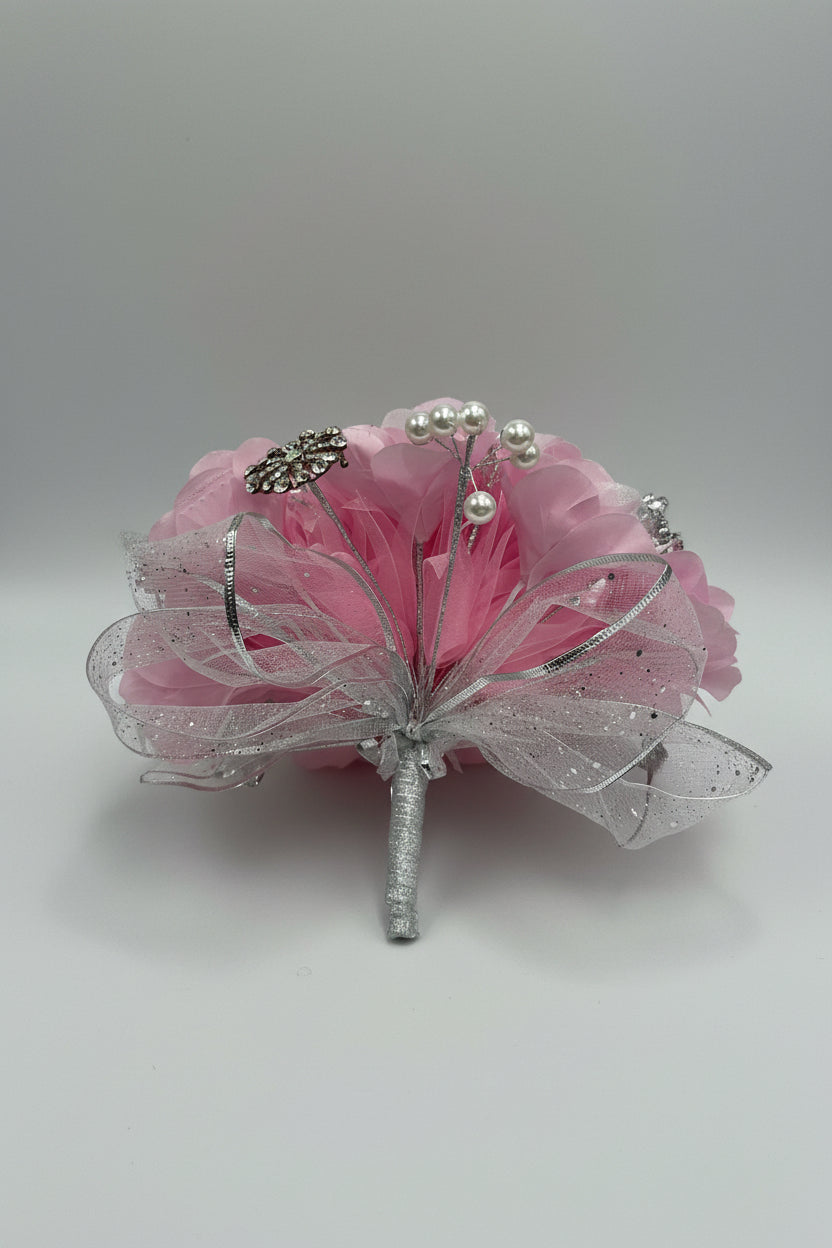 baby pink bouquet with silver application and white pearl beading 