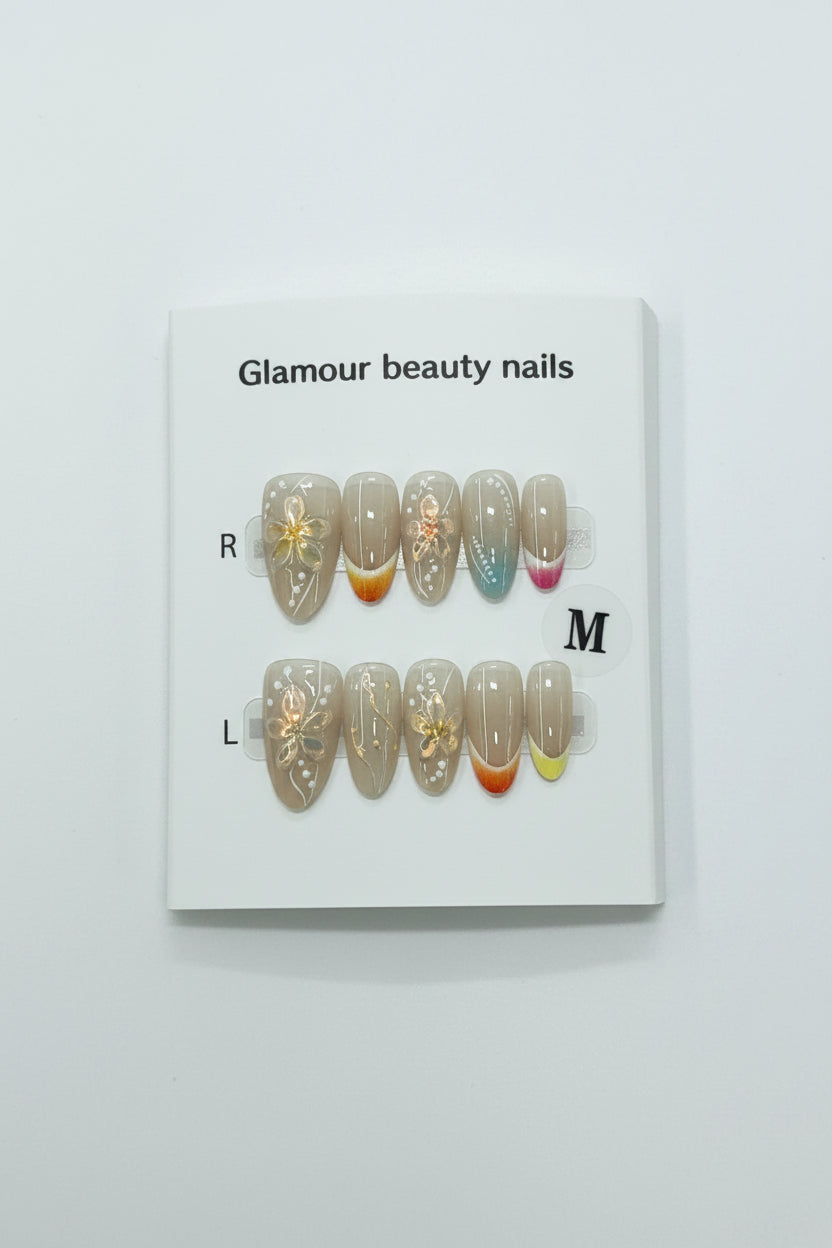 3D art Press-on Summer beauty nails beach floral colorful accents