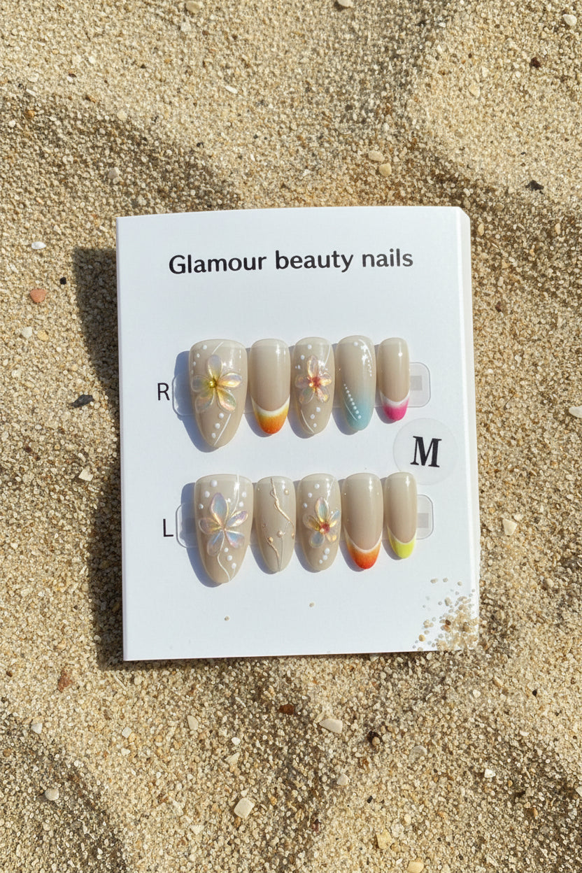 3D art Press-on Summer beauty nails beach floral colorful accents
