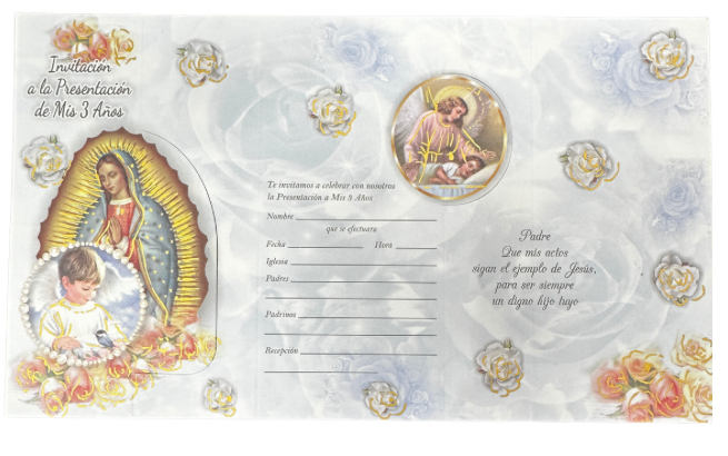 foldable 3 year old presentation catholic invitations in spanish Unisex (12ct) | Invitaciones plegables catolica de presentacion de 3 años en español | Unisex Docena