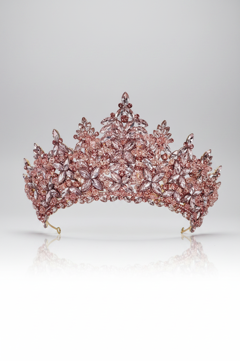 Rose gold tiara with intricate design on a white background